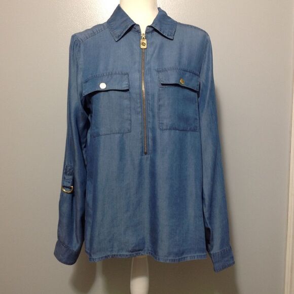 MICHAEL Michael Kors Tops - Michael Kors blue and gold denim 3/4 zip up shirt size M